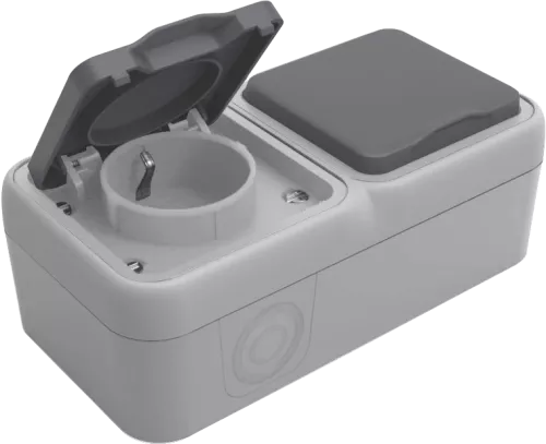 Розетка Schuko с заземлением двойная со шторками с крышкой накладная 16А 250В IP55 на винтах, цвет серый, серия W55 Donel