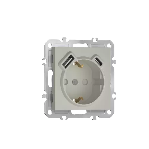 Розетка 220В с заземлением, со шторками, 16А + зарядка USB A+C 20W, на винтах, матовый кашемир Donel A07