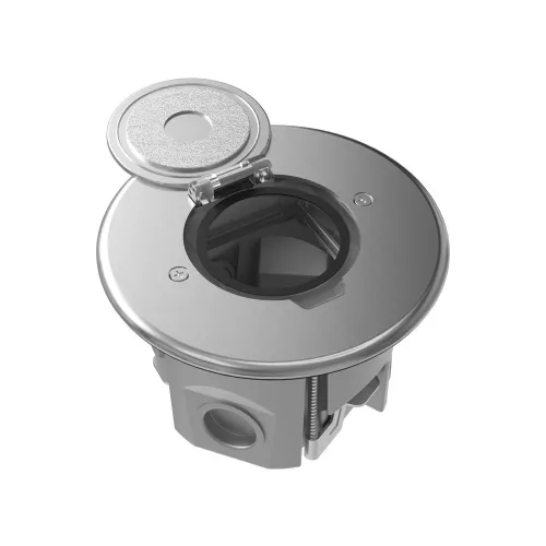 Лючок для электроустановочных изделий стандарта 45х45, установка 1 модуля 45х45мм, IP44, круглый, с круглой крышкой, с универсальным установочным набором, цвет полированное серебро