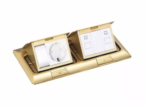 Розеточный блок встраиваемый с выдвижной крышкой для установки в столешницу, на 1,5+1,5 розетки 45х45мм, без розеток, цвет латунь
