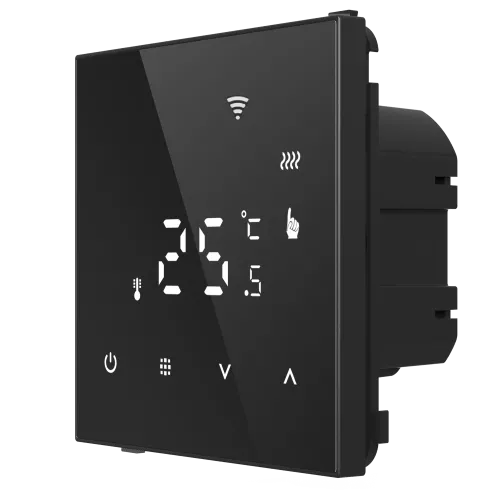 Термостат с датчиком пола программируемый через приложение, с Wi-Fi, 16A, размер накладки 70х70мм, цвет стекло черное. Для установки в рамки с внутренним размером 70х70мм. Рамка в комплект поставки не входит.