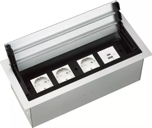Розеточный блок встраиваемый с откидной крышкой для установки в столешницу, на 4 розетки 45х45мм, без розеток, цвет алюминий
