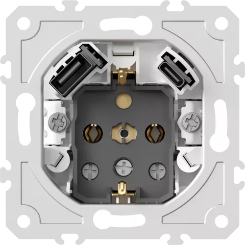 Механизм розетки Schuko 16А 250 В~ с зарядным устройством USB A+C, 5V/3A, мощность 20W, на винтах