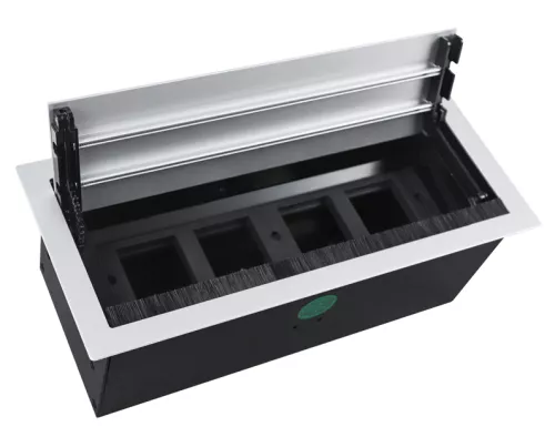 Розеточный блок встраиваемый с откидной крышкой для установки в столешницу, на 4 розетки 45х45мм, без розеток, цвет алюминий