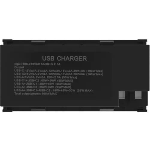 USB-зарядка 100W типа A+С+С, 4 модуля, 45х90мм, цвет чёрный матовый