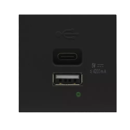 USB-зарядка 4200мA типа A+С, 2 модуля, 45х45мм, цвет черный матовый