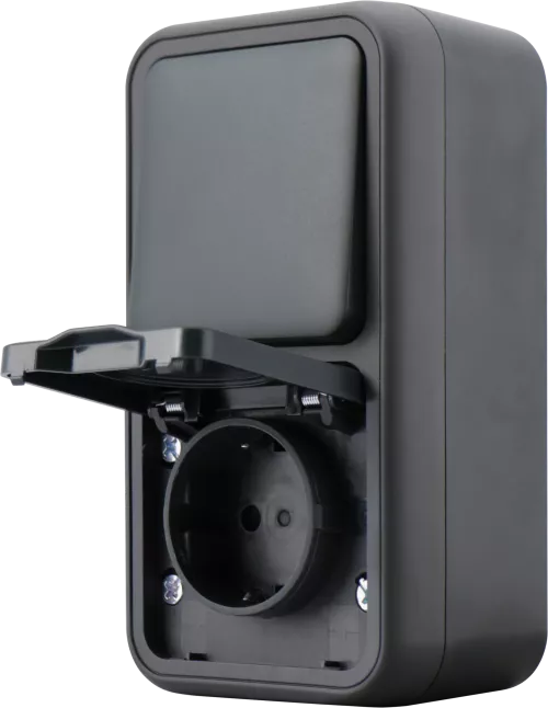 Двойной блок накладной IP55 - розетка Schuko с заземлением со шторками с крышкой 16А 250В на винтах + выключатель 1-клавишный проходной накладной 10A 250В, цвет антрацит, серия W55 Donel