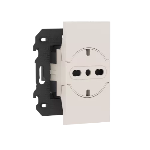 Розетка на 220v с плоской лицевой панелью с накладкой на 2м, с/з, шторки, 16А, винты, в сборе с суппортом, цвет песочный матовый