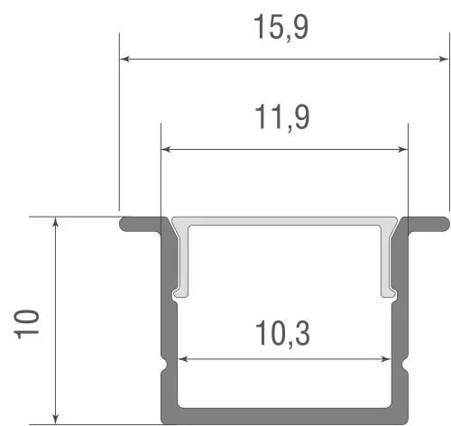 Встраиваемый алюминиевый профиль, сечение 15,9х10мм, длина 2 метра, в комплекте матовый экран, 4 торцевые заглушки, 4 крепежа, цвет черный