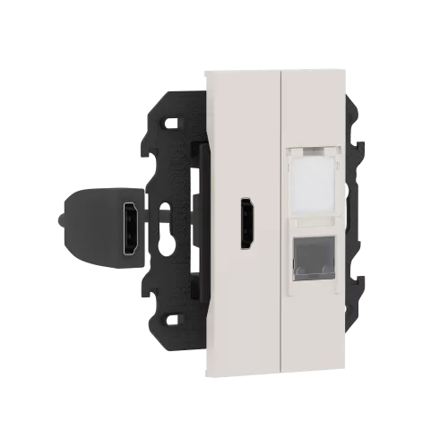Розетка комбинированная HDMI с подключённым разъёмом + компьютерная RJ45 cat5e UTP, в сборе с суппортом, цвет песочный матовый