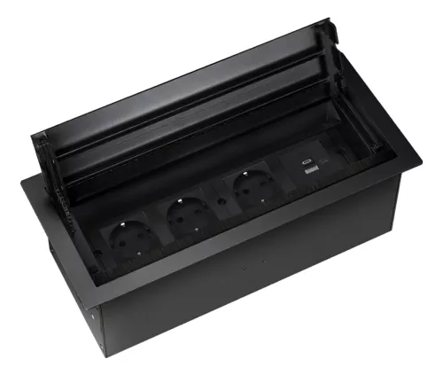 Розеточный блок встраиваемый с откидной крышкой для установки в столешницу, на 4 розетки 45х45мм, без розеток, цвет черный