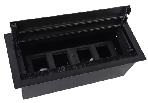 Розеточный блок встраиваемый с откидной крышкой для установки в столешницу, на 4 розетки 45х45мм, без розеток, цвет черный