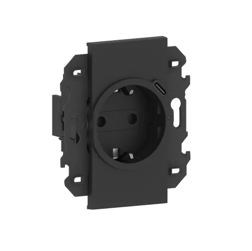 Розетка на 220v + USB типа С, с накладкой на 2м, с/з, шторки, 16А, в сборе с суппортом, винты, цвет чёрный