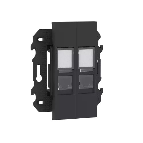Розетка RJ45 компьютерная cat5e UTP, 2 порта, в сборе с суппортом, цвет чёрный матовый