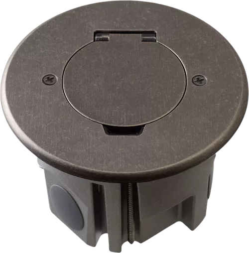 Лючок для электроустановочных изделий стандарта 45х45, установка 1 модуля 45х45мм, IP44, круглый, с круглой крышкой, с универсальным установочным набором, цвет оцинкованная сталь