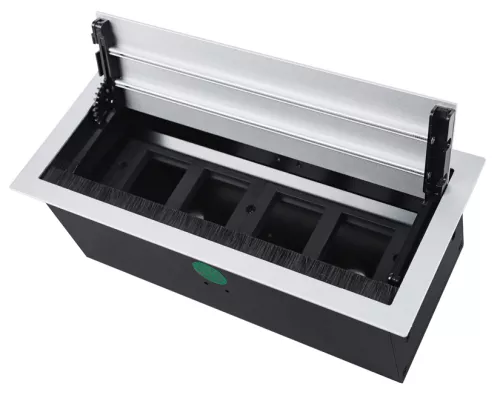 Розеточный блок встраиваемый с откидной крышкой для установки в столешницу, на 4 розетки 45х45мм, без розеток, цвет алюминий