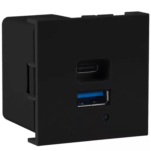 USB-зарядка 4200мA типа A+С, быстрая зарядка 65W, 2 модуля, 45х45мм, цвет черный матовый