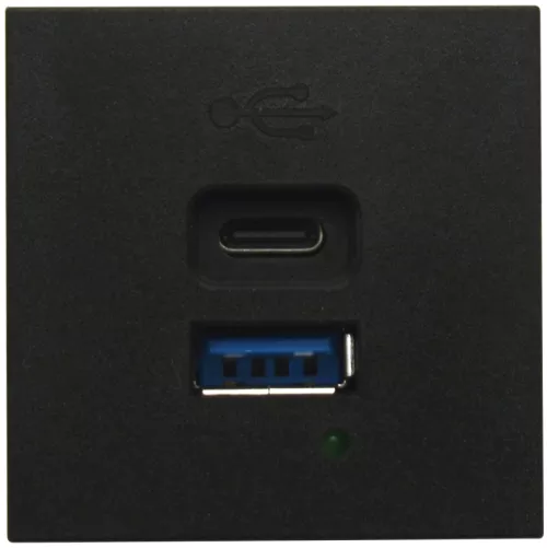 USB-зарядка 3000мA типа A+С, быстрая зарядка 65W, 2 модуля, 45х45мм, цвет черный матовый