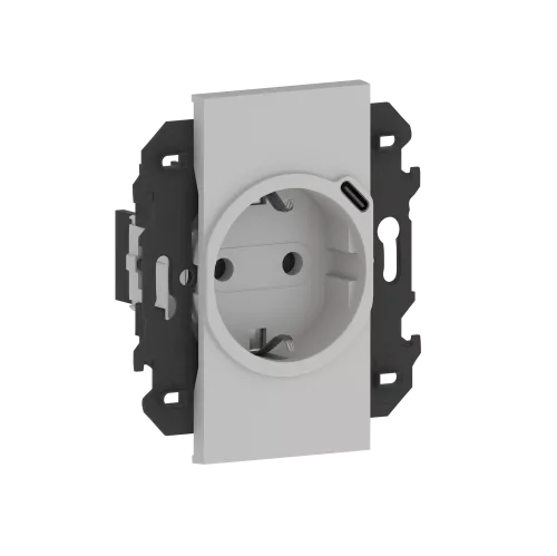 Розетка на 220v + USB типа С, с накладкой на 2м, с/з, шторки, 16А, в сборе с суппортом, винты, цвет серый