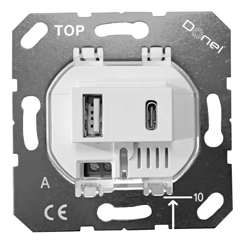 Розетка USB для зарядки двойная тип A + тип C на 3100mA, тип A:max 18W, тип С:max 32W, производство Donel, механизм без накладки, белый