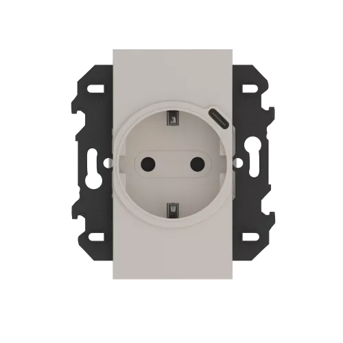 Розетка на 220v + USB типа С, с накладкой на 2м, с/з, шторки, 16А, в сборе с суппортом, винты, цвет песочный