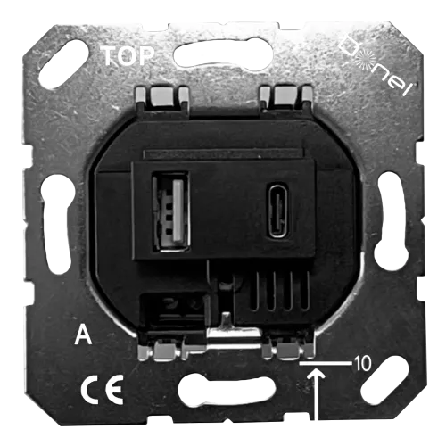 Розетка USB для зарядки двойная тип A + тип C на 3100mA, тип A:max 18W, тип С:max 32W, производство Donel, механизм без накладки, чёрный