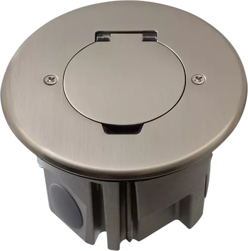 Лючок для электроустановочных изделий стандарта 45х45, установка 1 модуля 45х45мм, IP44, круглый, с круглой крышкой, с универсальным установочным набором, цвет никель