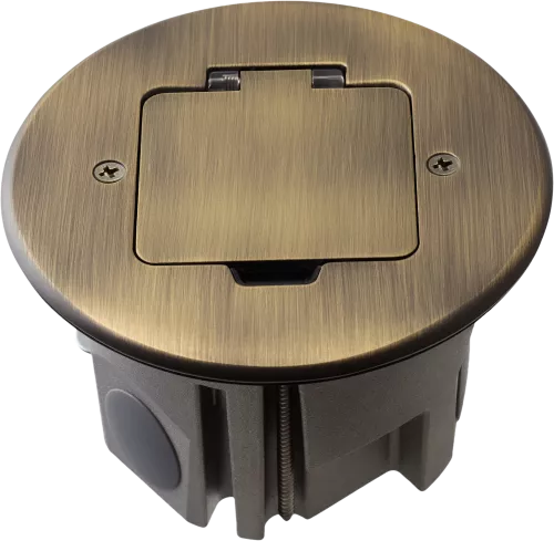 Лючок для электроустановочных изделий стандарта 45х45, установка 1 модуля 45х45мм, IP44, круглый, с квадратной крышкой, с универсальным установочным набором, цвет античная латунь