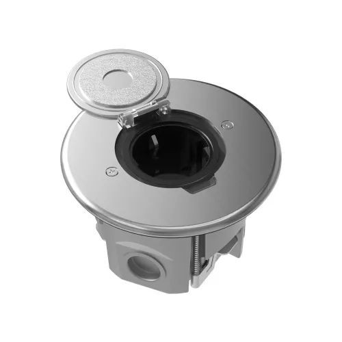 Лючок для электроустановочных изделий стандарта 45х45, установка 1 модуля 45х45мм, IP44, круглый, с круглой крышкой, с универсальным установочным набором, цвет полированное серебро