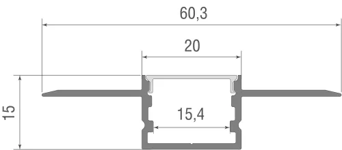 Встраиваемый алюминиевый профиль под шпаклевку, сечение 60,3х15мм, длина 2 метра, в комплекте матовый экран, 4 торцевые заглушки, цвет анодированный алюминий