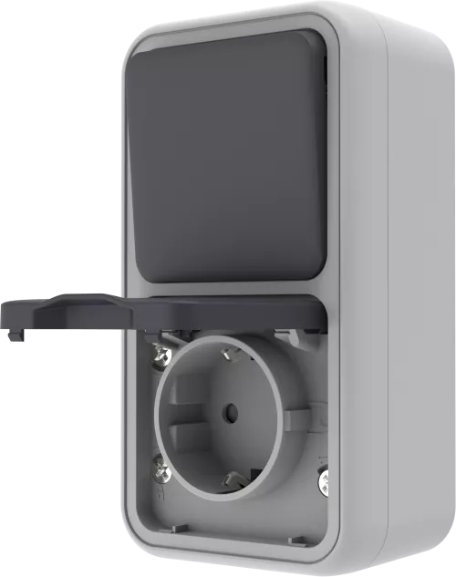 Двойной блок накладной IP55 - розетка Schuko с заземлением со шторками с крышкой 16А 250В на винтах + выключатель 1-клавишный проходной накладной 10A 250В, цвет серый, серия W55 Donel