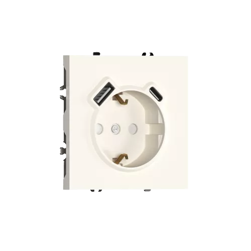 Розетка 220В с заземлением, со шторками, 16А + зарядка USB A+C 20W, на винтах, матовый кремовый Donel S08