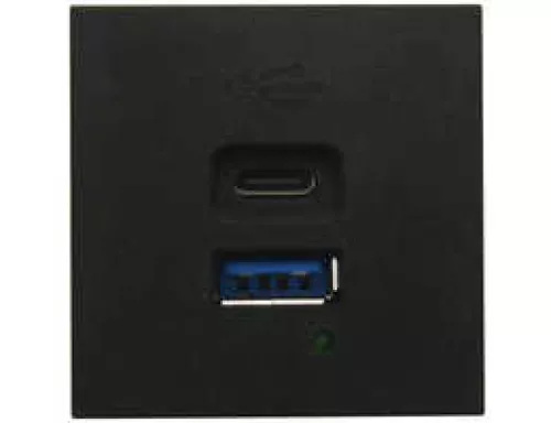 USB-зарядка 3000мA типа A+С, быстрая зарядка 65W, 2 модуля, 45х45мм, цвет черный матовый