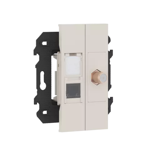 Розетка комбинированная TV/SAT простая с F-разъёмом + компьютерная RJ45 cat6 UTP, в сборе с суппортом, цвет песочный матовый