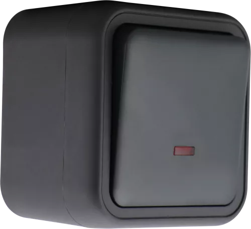 Выключатель 1-клавишный проходной с подсветкой накладной 10A 250В IP55, цвет антрацит, серия W55 Donel