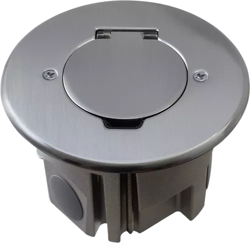 Лючок для электроустановочных изделий стандарта 45х45, установка 1 модуля 45х45мм, IP44, круглый, с круглой крышкой, с универсальным установочным набором, цвет полированное серебро