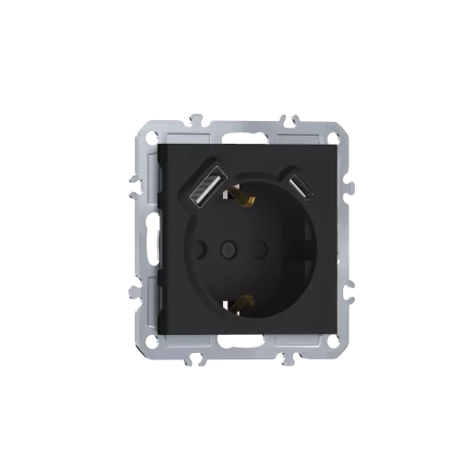 Розетка 220В с заземлением, со шторками, 16А + зарядка USB A+C 20W, на винтах, матовый карбон Donel A07
