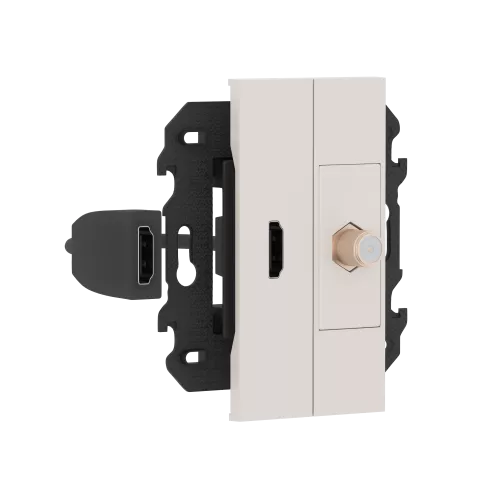 Розетка комбинированная HDMI с подключённым разъёмом + TV/SAT простая с F-разъёмом, в сборе с суппортом, цвет песочный матовый