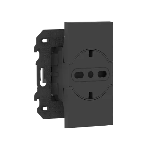 Розетка на 220v с плоской лицевой панелью с накладкой на 2м, с/з, шторки, 16А, винты, в сборе с суппортом, цвет чёрный матовый