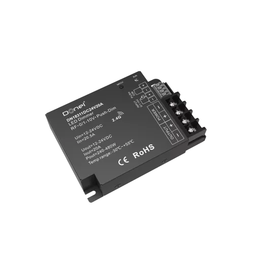 Контроллер RF, напряжение питания 12-24V, 1 канал на 20А, выходная мощность 1×(240-480)W, управление Push-Dim или 0/1-10V