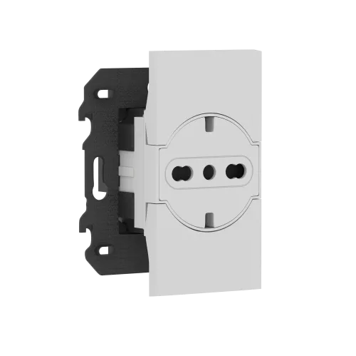 Розетка на 220v с плоской лицевой панелью с накладкой на 2м, с/з, шторки, 16А, винты, в сборе с суппортом, цвет серый матовый