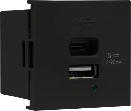 USB-зарядка 4200мA типа A+С, 2 модуля, 45х45мм, цвет черный матовый