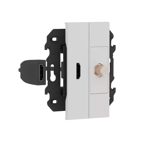 Розетка комбинированная HDMI с подключённым разъёмом + TV/SAT простая с F-разъёмом, в сборе с суппортом, цвет серый матовый