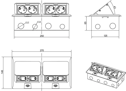 Розеточный блок встраиваемый с выдвижной крышкой для установки в столешницу, на 2+2 розетки 45х45мм, без розеток, цвет антрацит