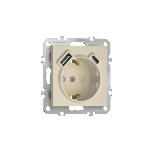 Розетка 220В с заземлением, со шторками, 16А + зарядка USB A+C 20W, на винтах, матовый кремовый Donel A07