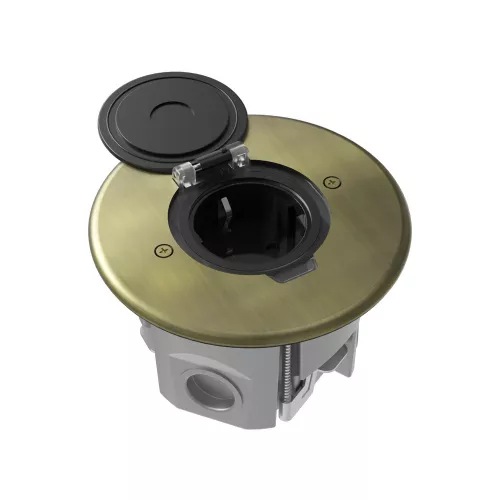 Лючок для электроустановочных изделий стандарта 45х45, установка 1 модуля 45х45мм, IP44, круглый, с круглой крышкой, с универсальным установочным набором, цвет античная латунь