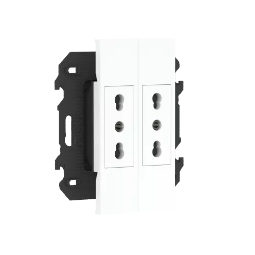 Розетка на 220v для двух узких вилок, без заземления, шторки, 16А, винты, в сборе с суппортом, цвет белый матовый
