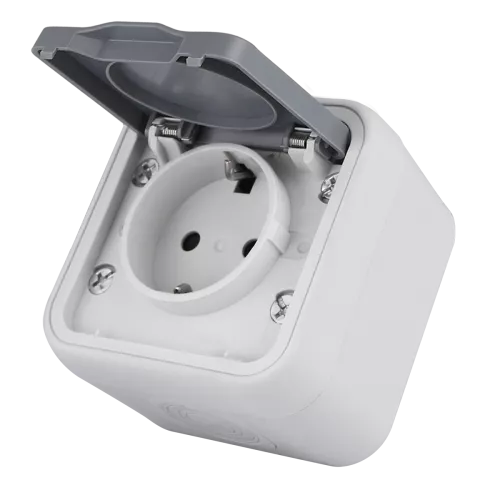 Розетка Schuko с заземлением со шторками с крышкой накладная 16А 250В IP55 на винтах, цвет серый, серия W55 Donel
