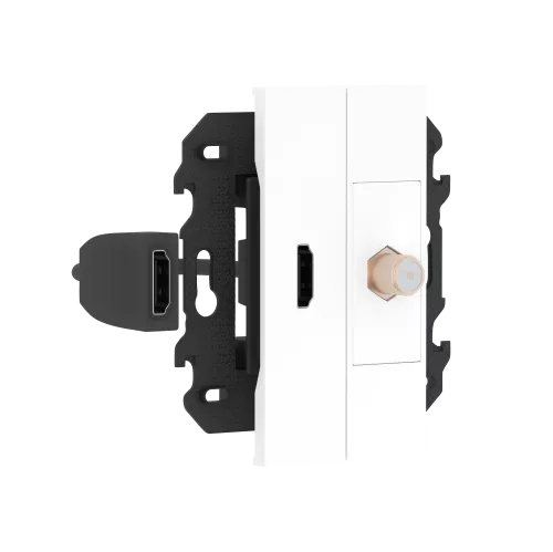 Розетка комбинированная HDMI с подключённым разъёмом + TV/SAT простая с F-разъёмом, в сборе с суппортом, цвет белый матовый