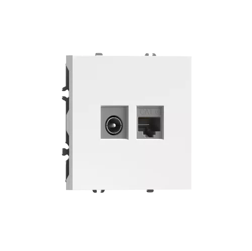 Розетка RJ45 cat.6 + TV 0-2400 МГц, комбинированная на 2 выхода (компьютер + телевизор), цвет глянцевый белый, серия S08 Donel
